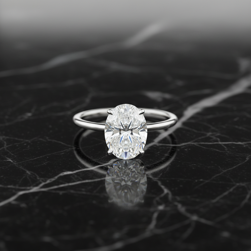 Anello solitario in oro bianco su marmo nero