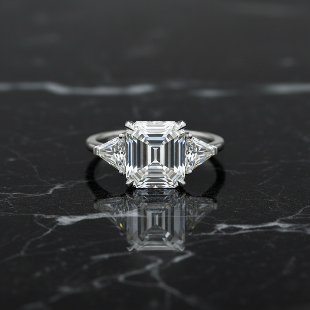 Anello trilogy con diamante emerald-cut su marmo nero