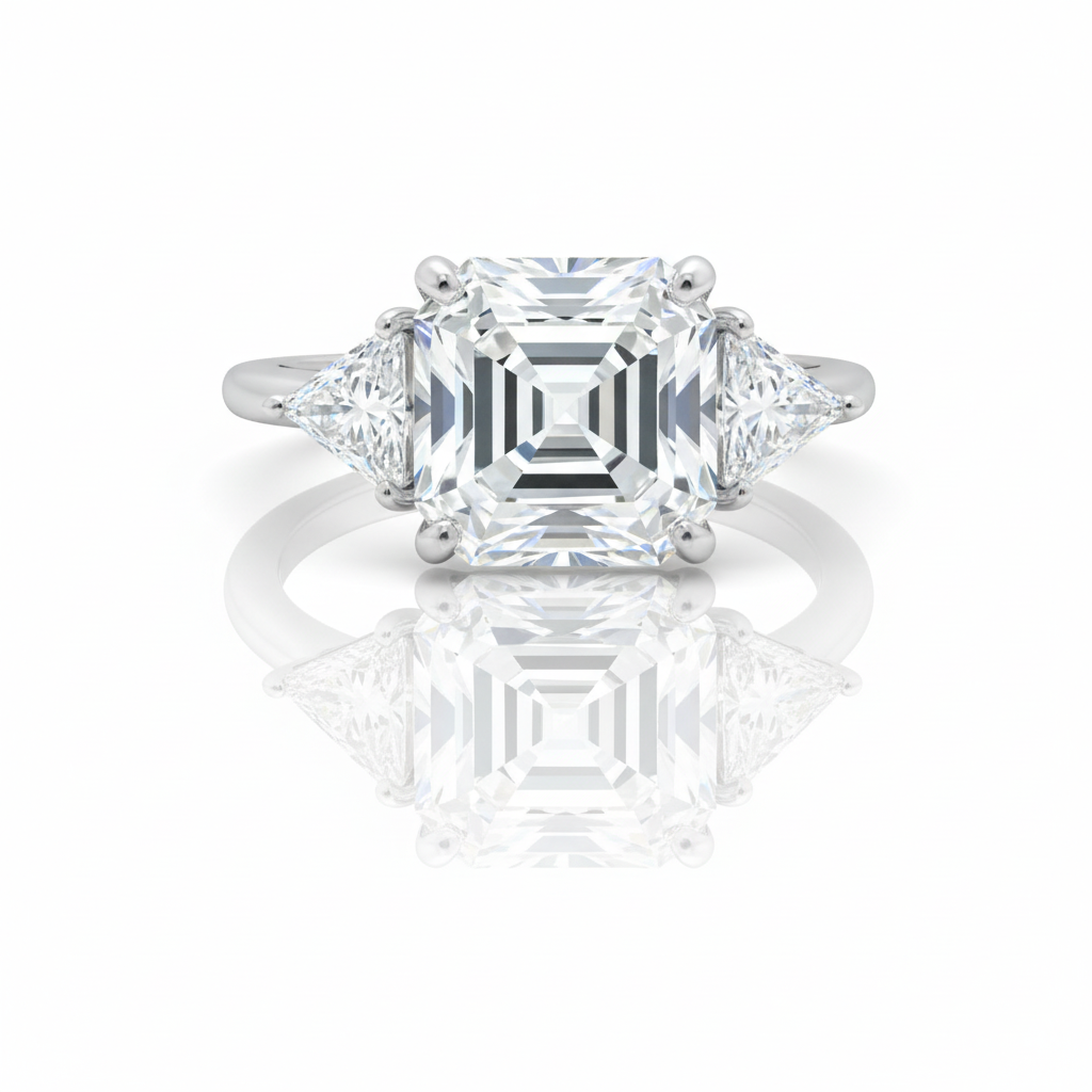 Anello trilogy con diamanti triangolari su sfondo bianco puro