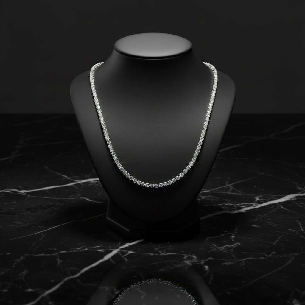 Delicate diamond tennis necklace on black display stand