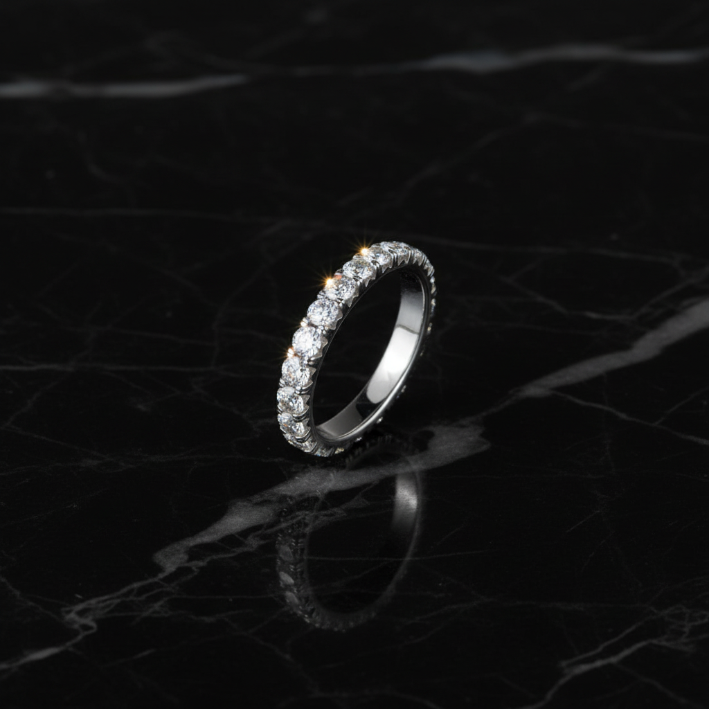 Diamond eternity ring horizontal on black marble