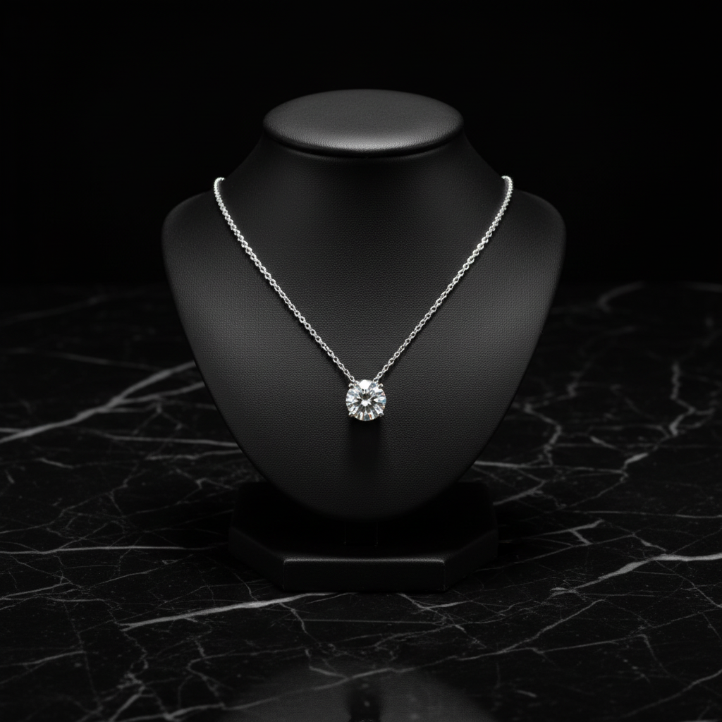 Diamond solitaire pendant necklace on black display stand on marble