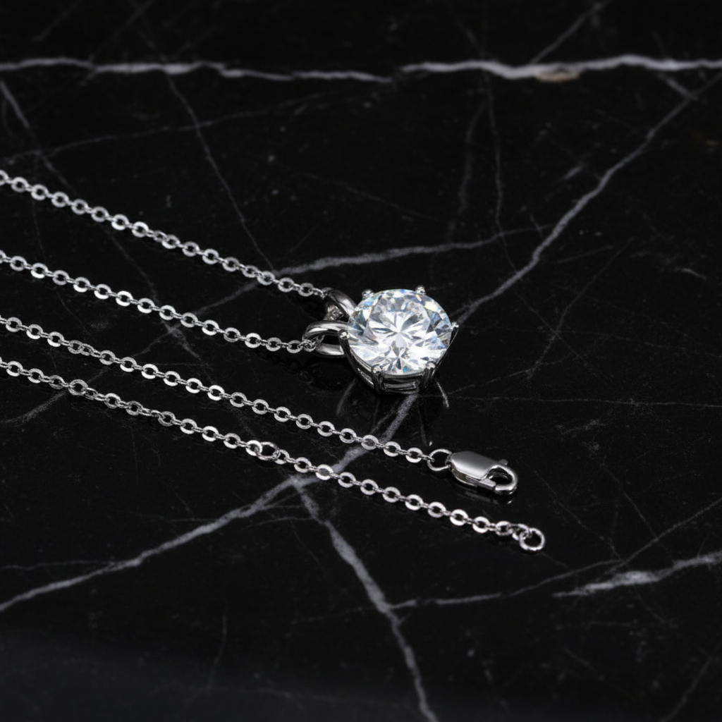 Diamond solitaire pendant necklace on black marble - same composition