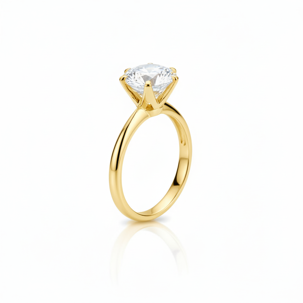 Diamond solitaire ring in realistic yellow gold on pure white background