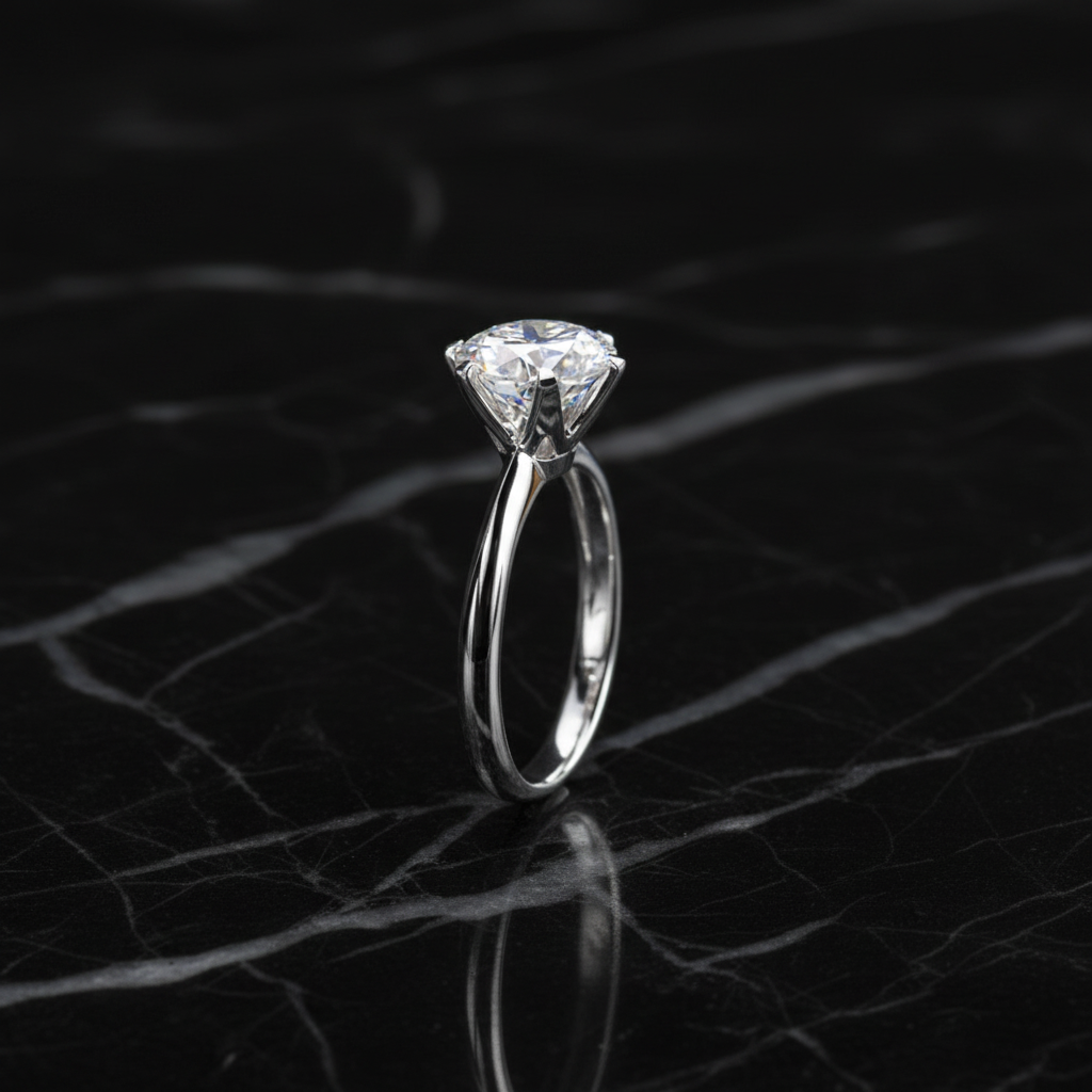 Diamond solitaire ring in white gold on black marble background