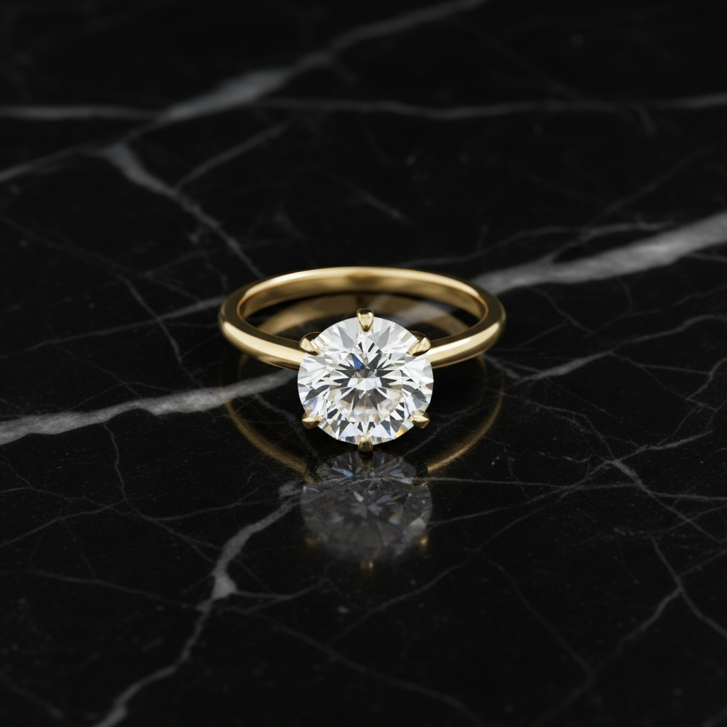 Diamond solitaire ring in yellow gold on black marble