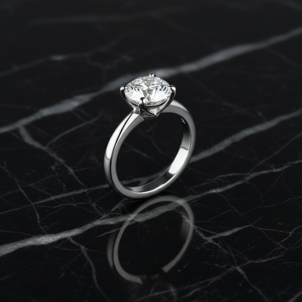 Diamond solitaire ring on black marble