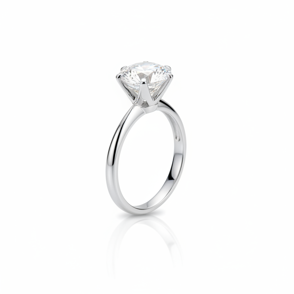 Diamond solitaire ring on pure white background