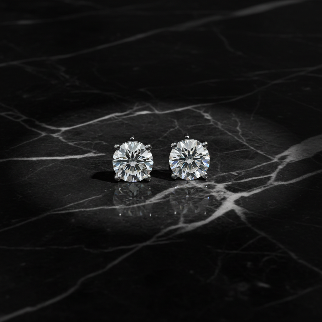 Diamond stud earrings on black marble