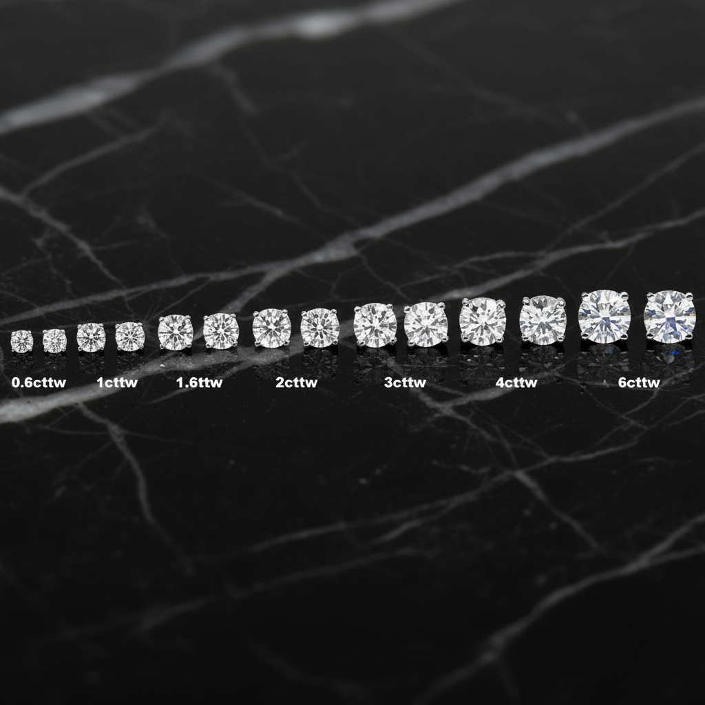 Diamond stud earrings size comparison on black marble