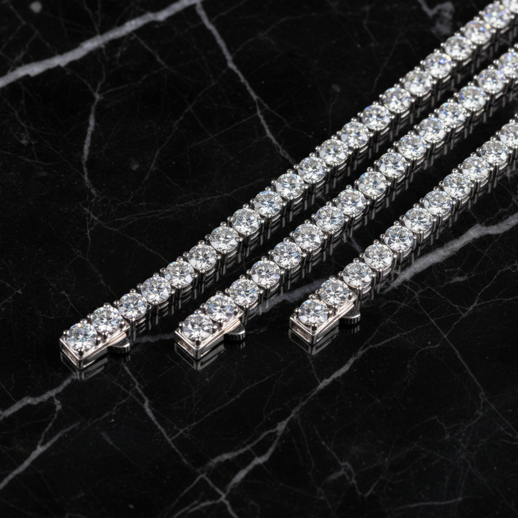 Diamond tennis bracelets on black marble - same composition