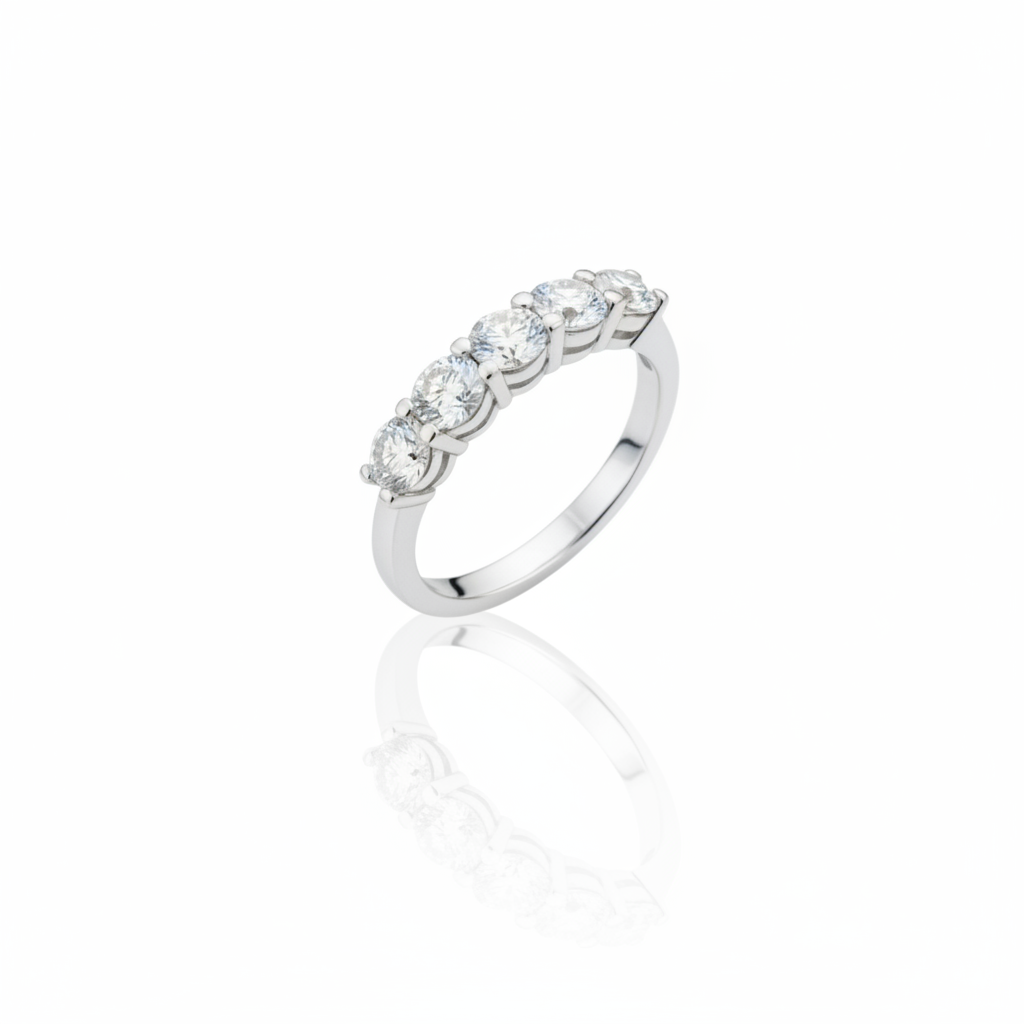 Five-stone diamond ring with reflection