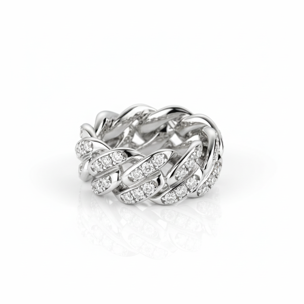 Moissanite Cuban link ring on white background