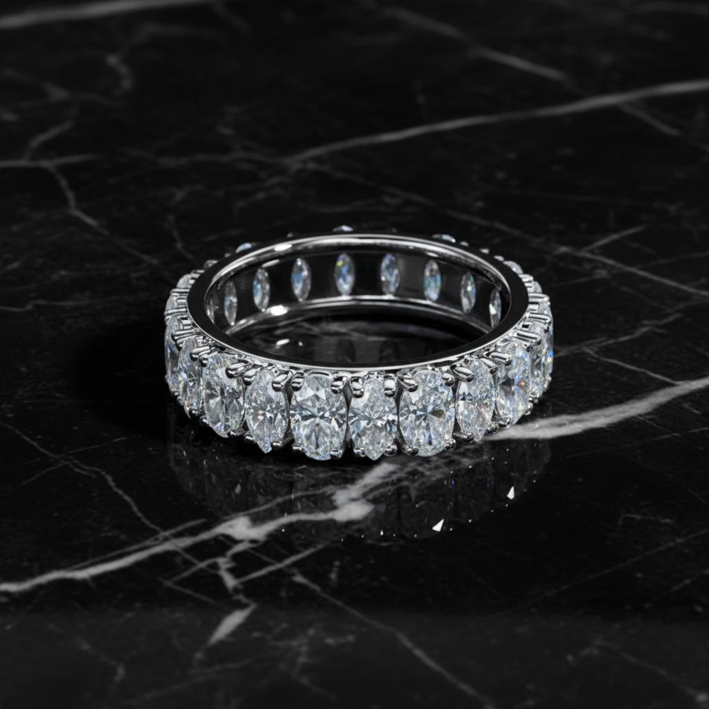 Moissanite eternity band ring on black marble