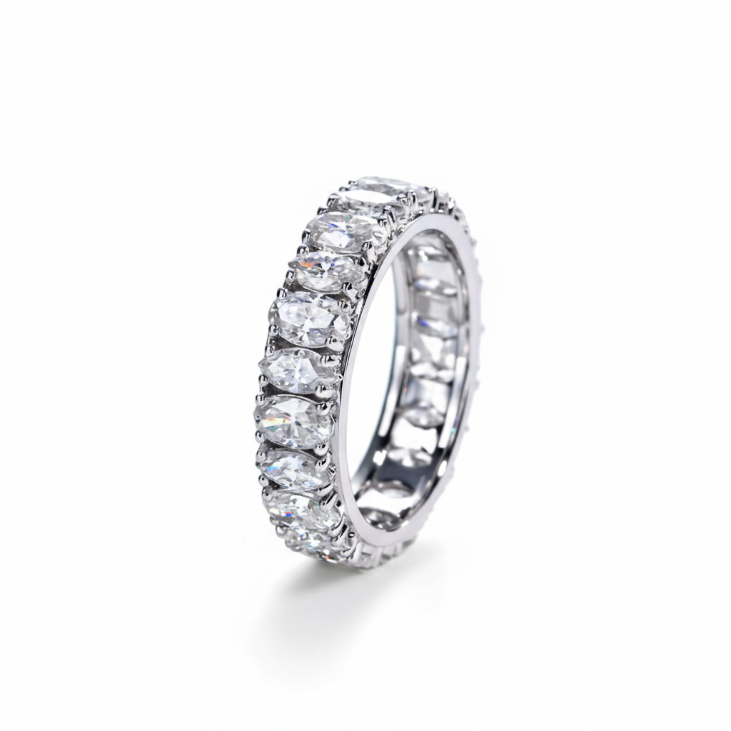 Moissanite eternity band ring on white background