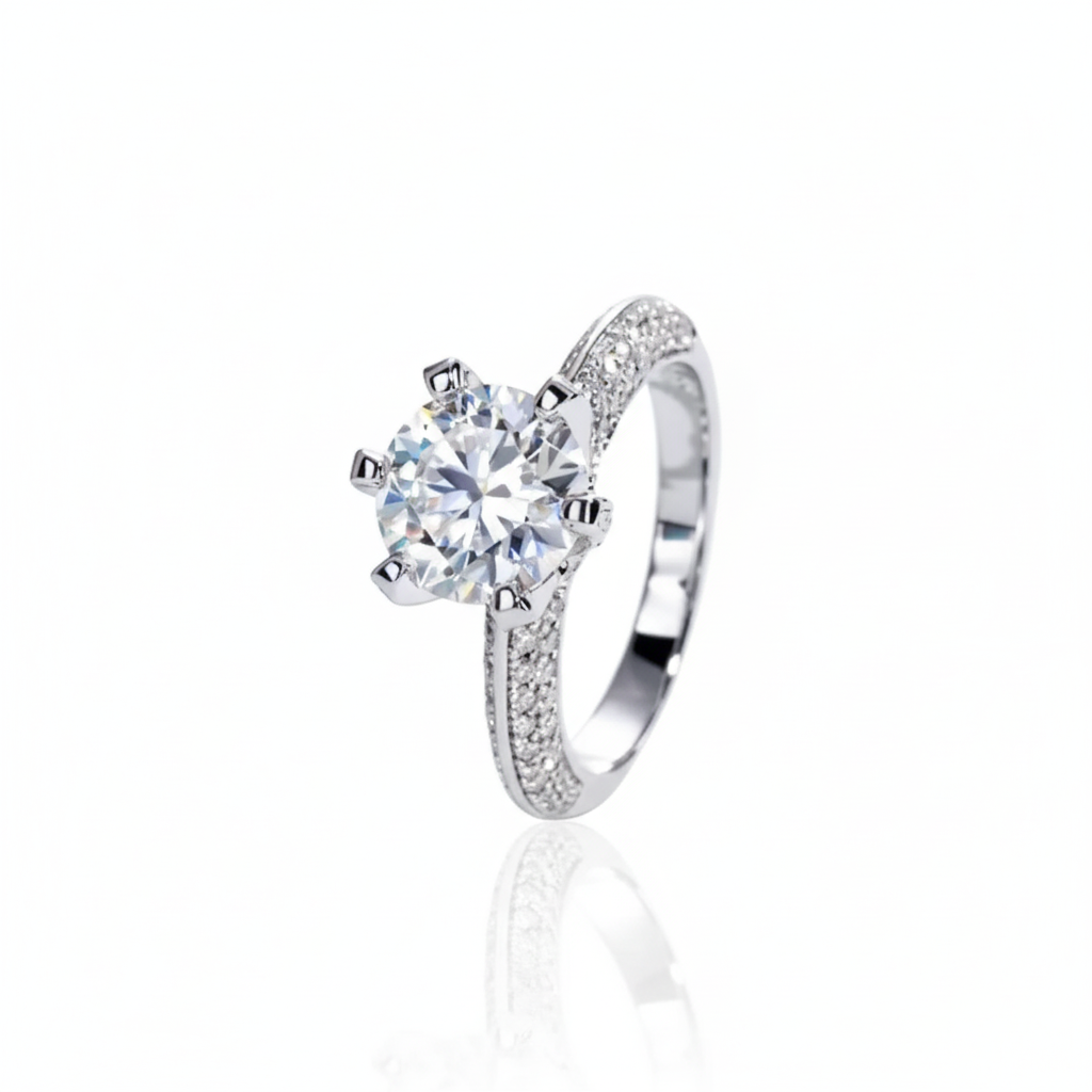 Moissanite solitaire engagement ring on white background