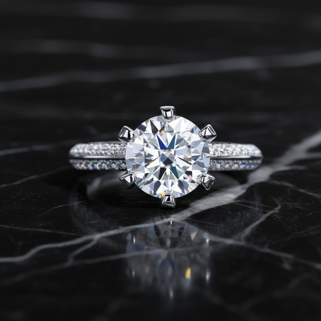 Moissanite solitaire ring on black marble - same composition