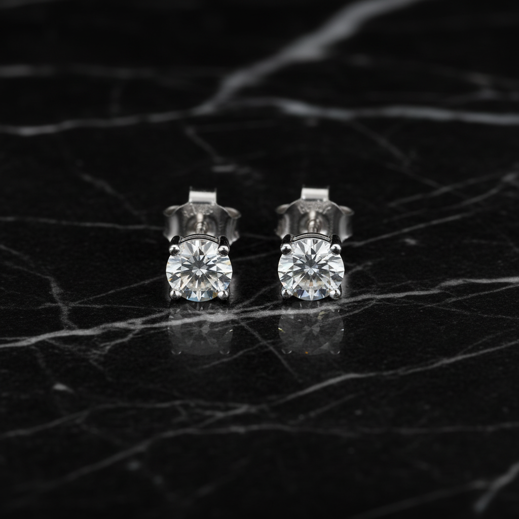 Moissanite stud earrings on black marble