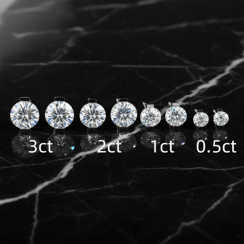 Moissanite stud earrings size comparison on black marble