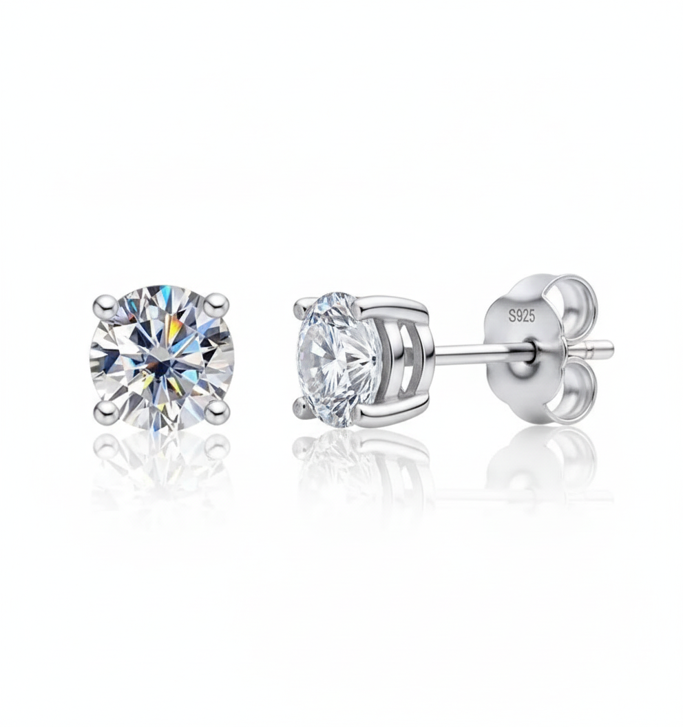 Moissanite stud earrings with S925 engraving on white background
