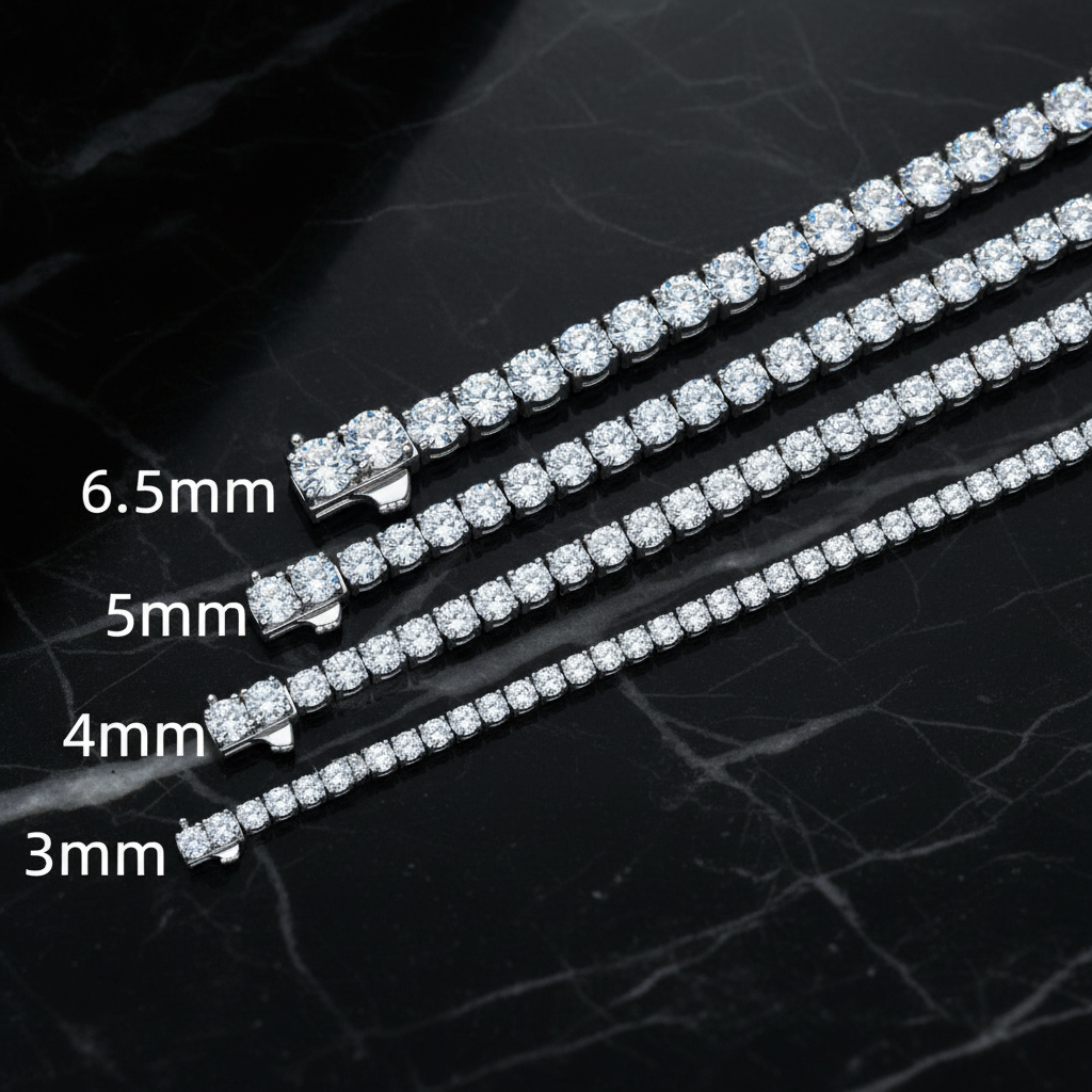 Moissanite tennis bracelets size comparison on black marble