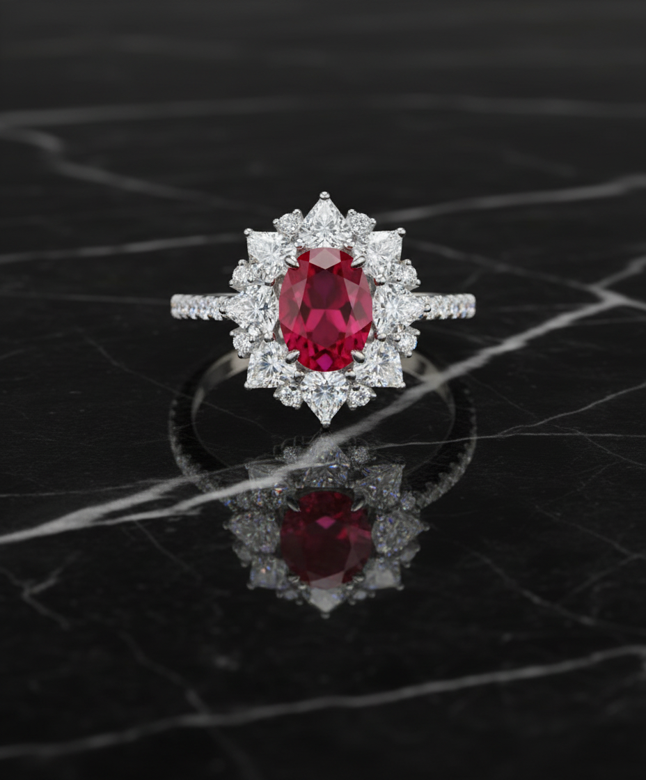 Ruby Halo Engagement Ring - Black Marble