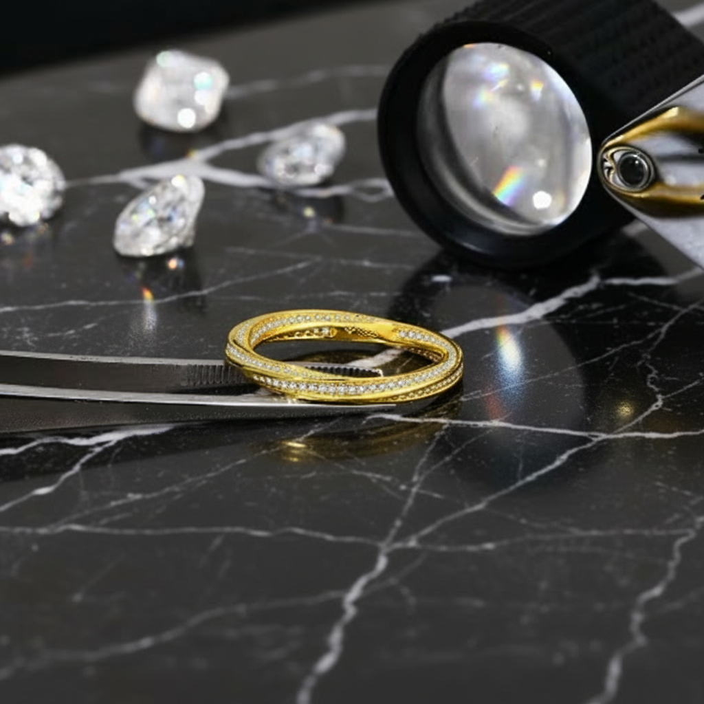 Yellow gold diamond bangle with jeweler's tools on black marble